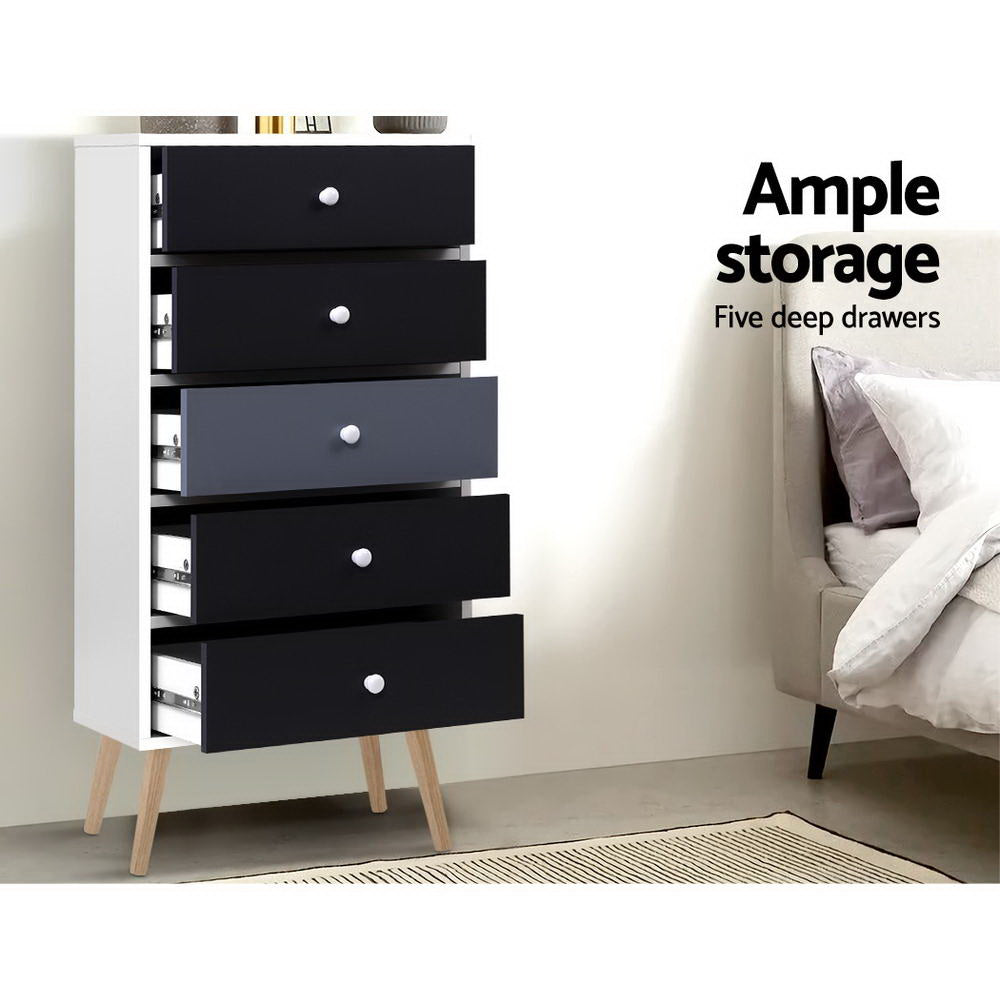 Artiss 5 Chest of Drawers - White & Black