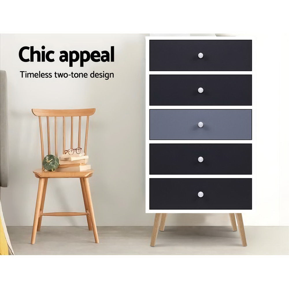 Artiss 5 Chest of Drawers - White & Black