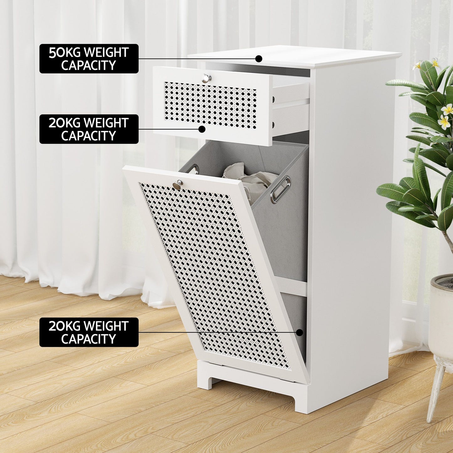 Set of 2 Laundry Hamper Cabinet Bathroom Storage White Rattan