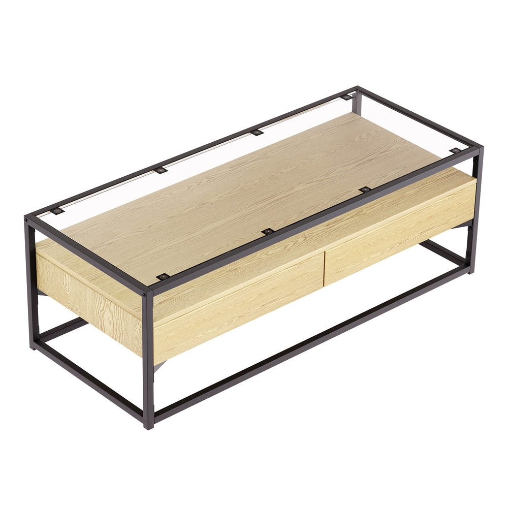 Ilion Coffee Table 2 Drawers Glass Tabletop - Pine