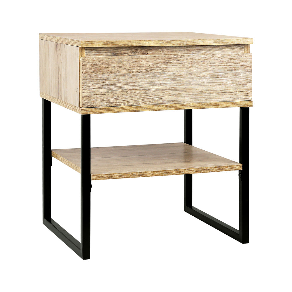 Welland Particle Board & Metal Bedside Tables Chest Style - Natural Wood
