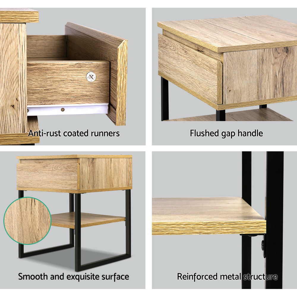 Welland Particle Board & Metal Bedside Tables Chest Style - Natural Wood