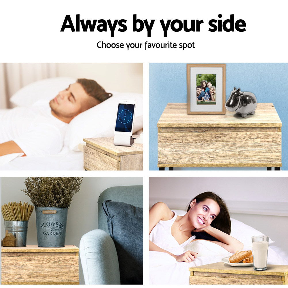 Welland Particle Board & Metal Bedside Tables Chest Style - Natural Wood