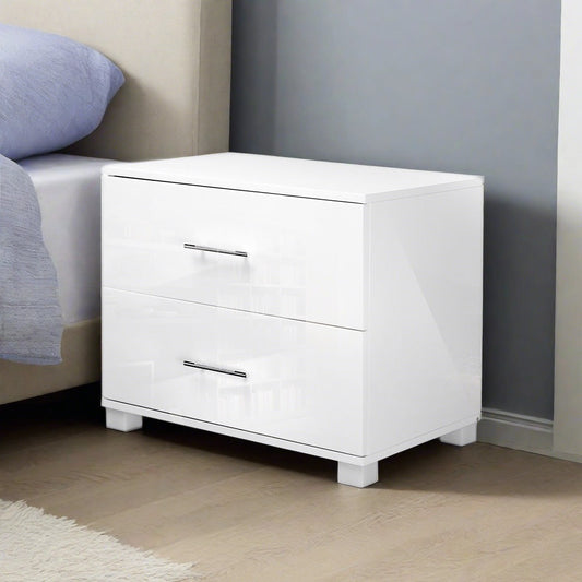 Dorval High Gloss Bedside Table with 2 Drawers - White