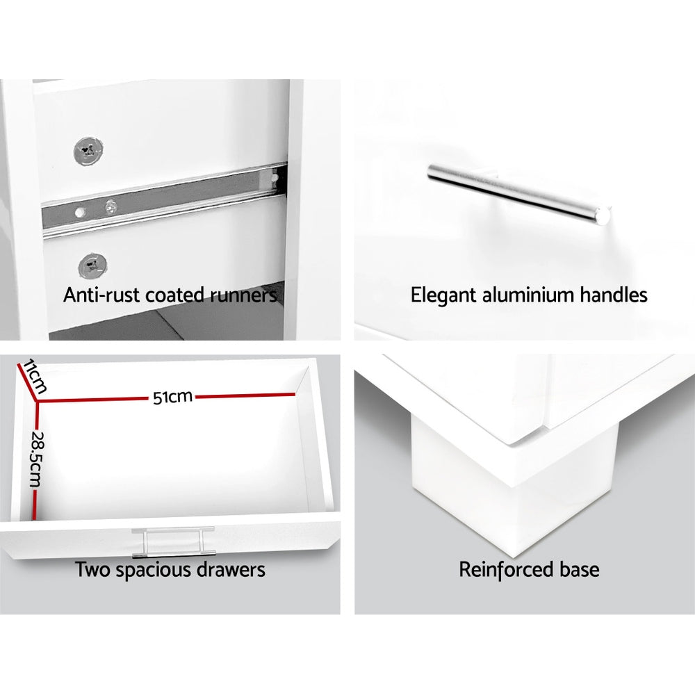 Dorval High Gloss Bedside Table with 2 Drawers - White