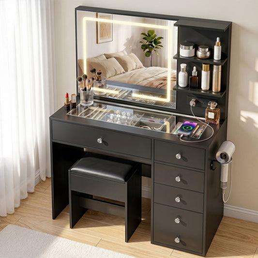 Dressing Table LED Vanity Desk Set Stool - Black