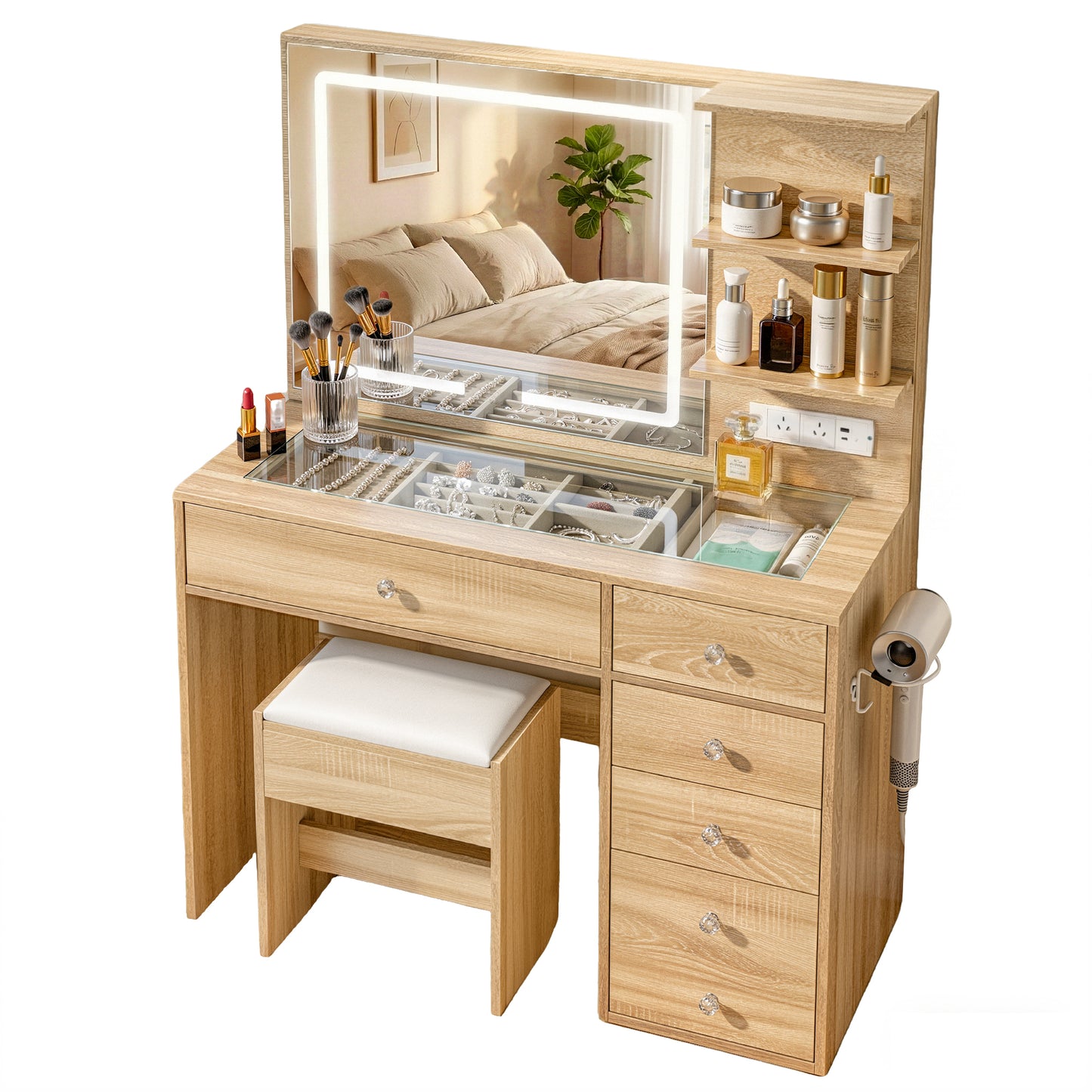 Dressing Table LED Vanity Desk Set Stool - Wood
