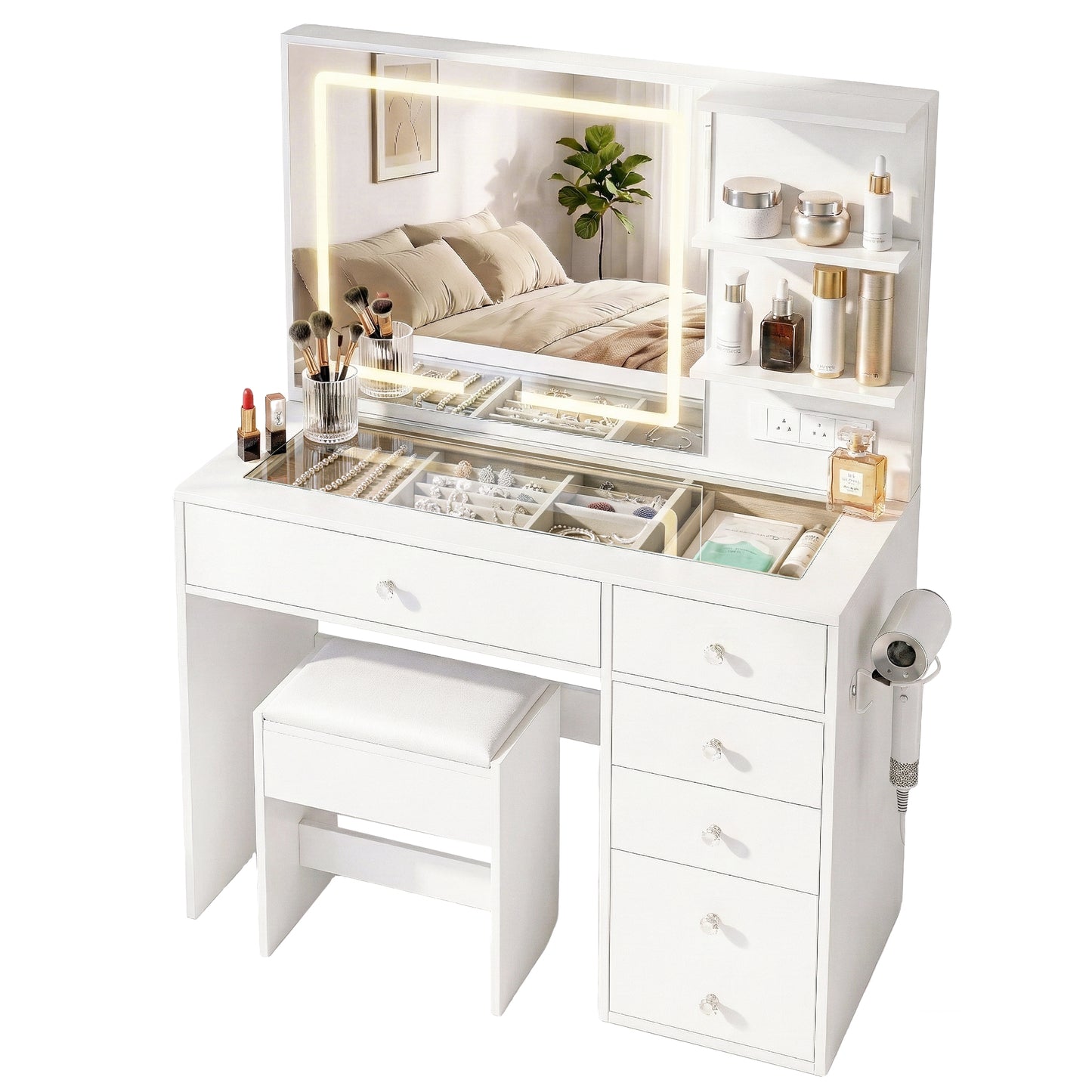 Dressing Table LED Vanity Desk Set Stool - White