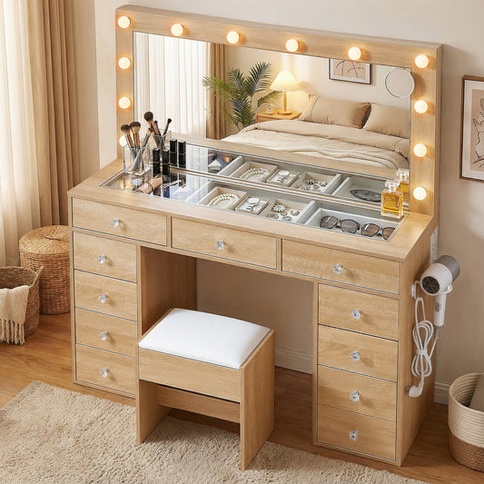 Dressing Table Vanity Desk Set Stool LED Bulbs - Wood