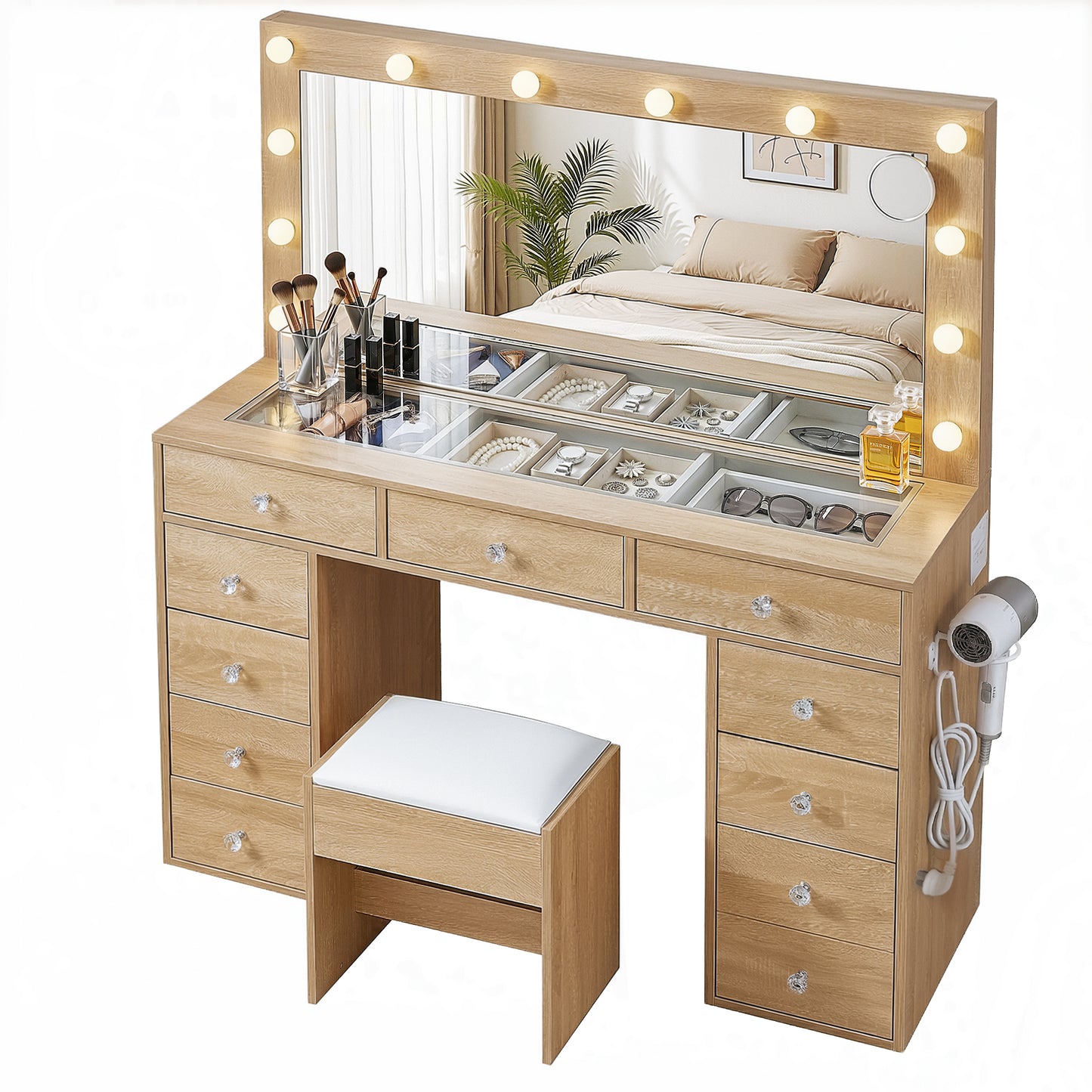 Dressing Table Vanity Desk Set Stool LED Bulbs - Wood