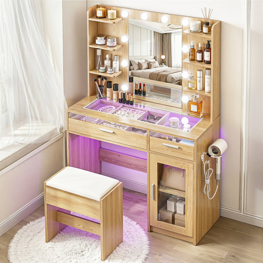 Dressing Table Vanity Desk Set 10 LED Bulbs RGB Light - Wood