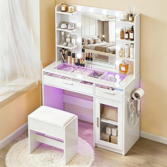 Dressing Table Vanity Desk Set 10 LED Bulbs RGB Light - White