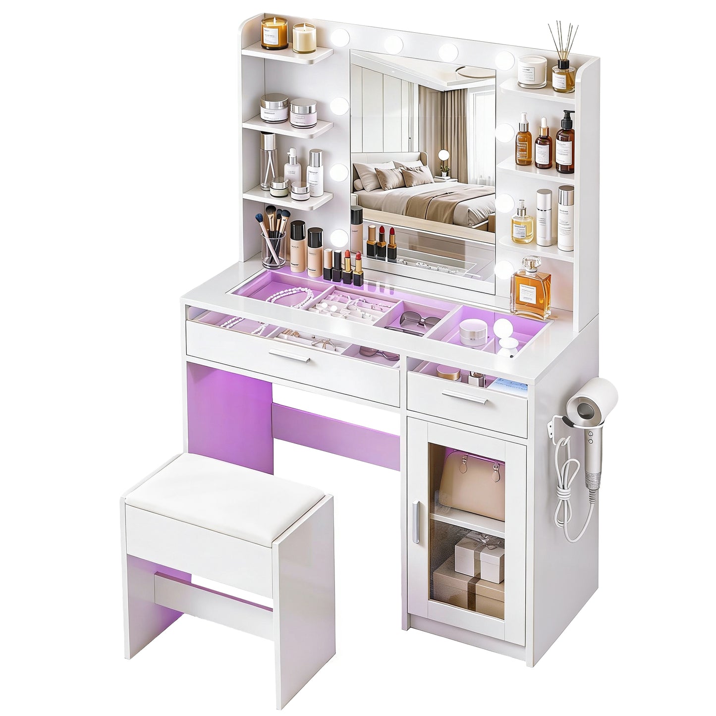 Dressing Table Vanity Desk Set 10 LED Bulbs RGB Light - White