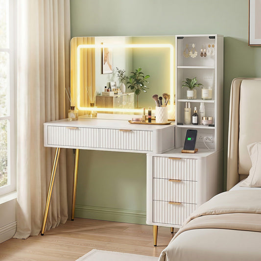 Dressing Table LED Vanity Desk Charging Station - White