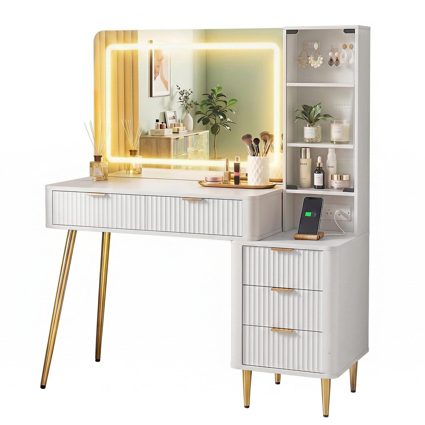 Dressing Table LED Vanity Desk Charging Station - White