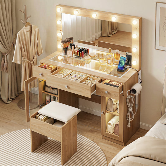 Dressing Table Vanity Desk Set LED Bulbs RGB Light - Wood