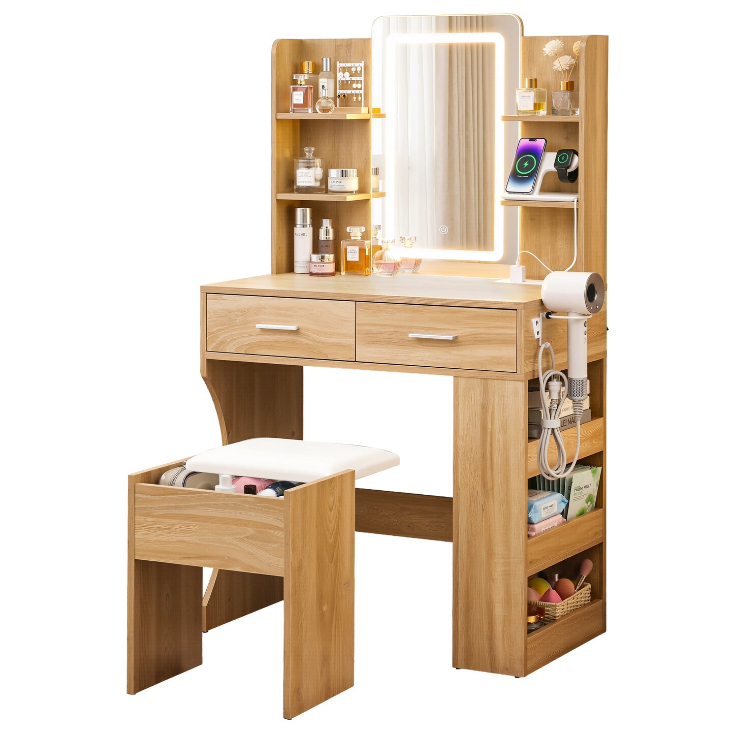 Dressing Table LED Vanity Desk Set Stool - Wood