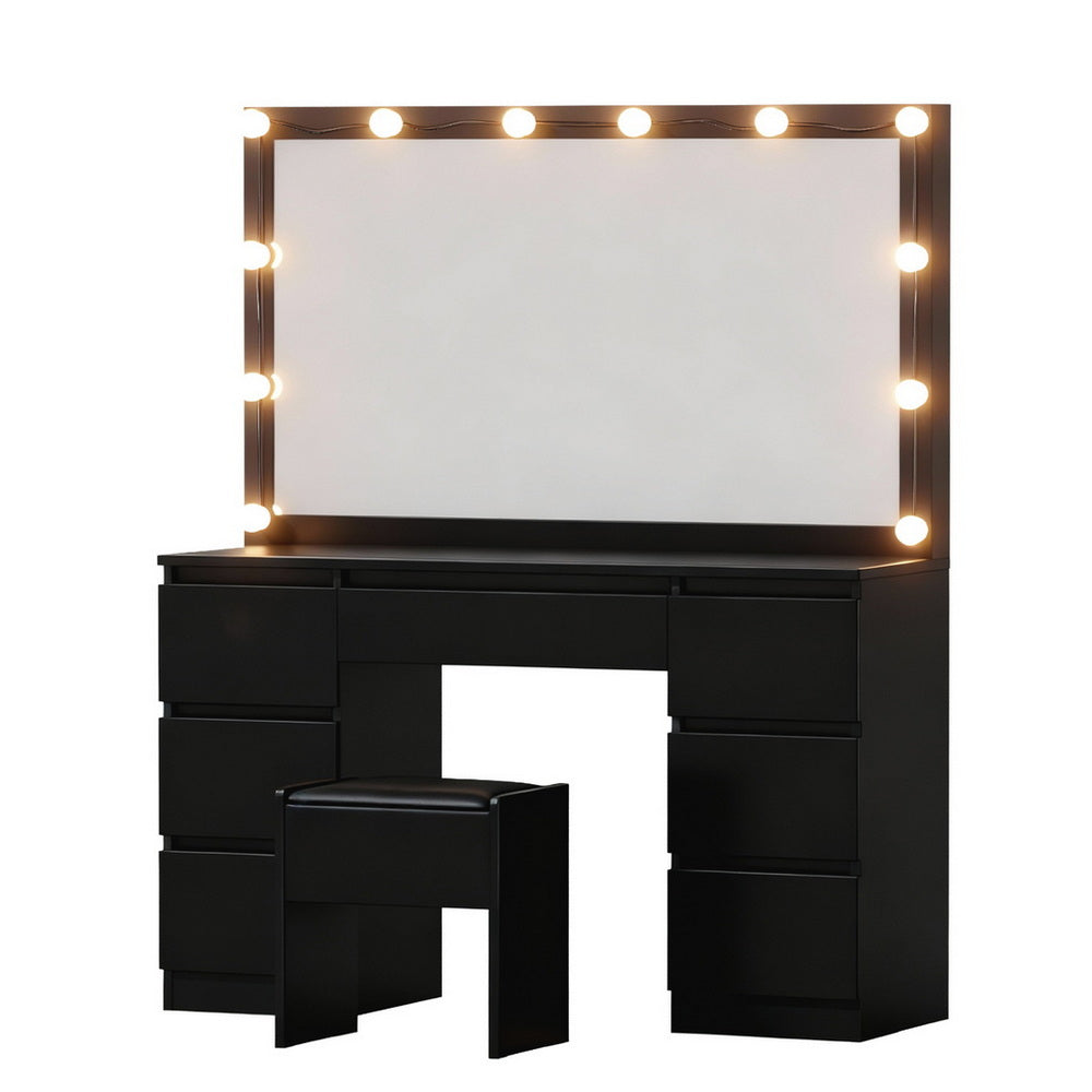 Dressing Table Vanity Desk Set Stool 12 Led Bulbs - Black