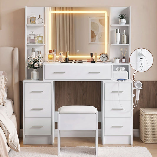 Dressing Table Vanity Desk Set Stool LED Charging Station - White