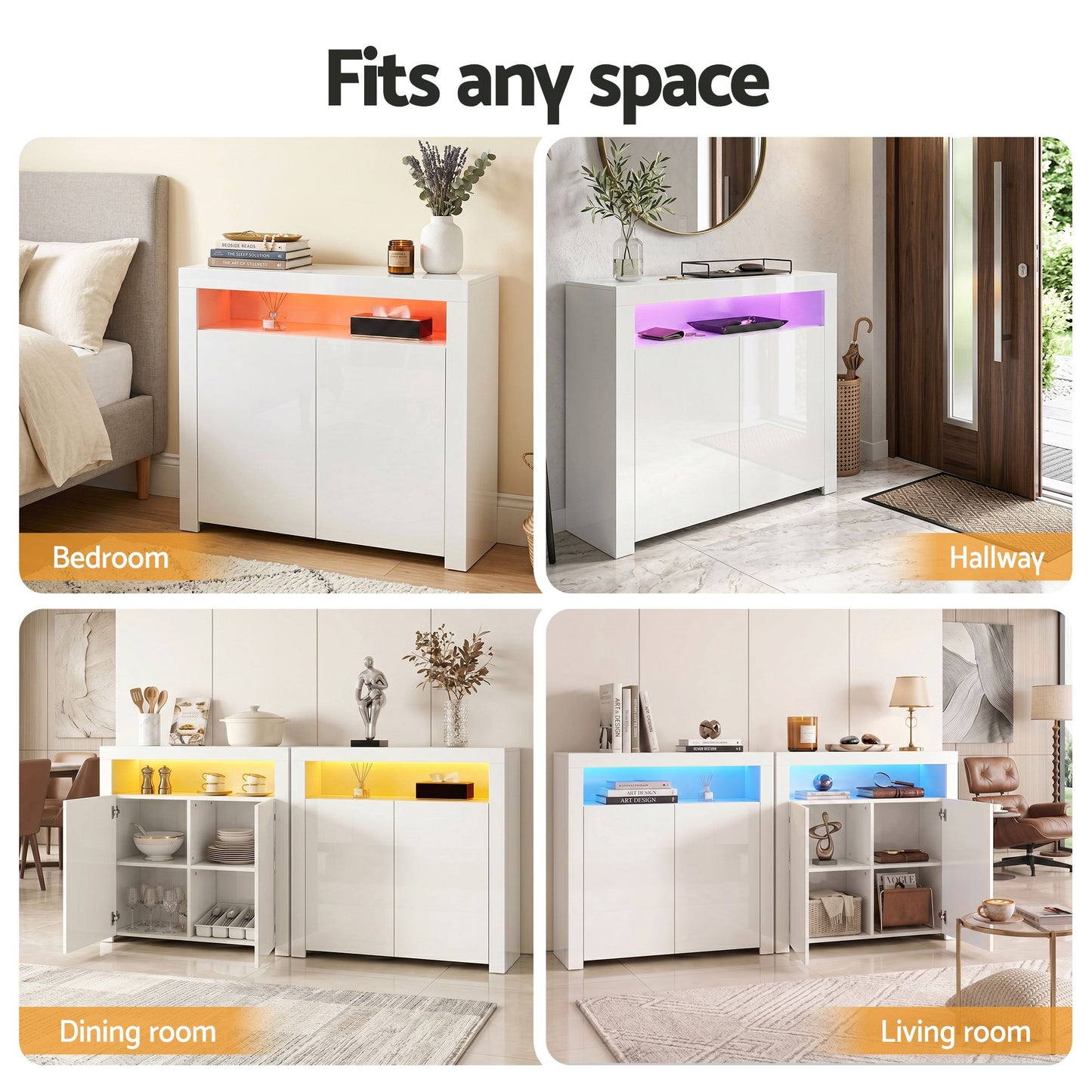 Set of 2 Soren Buffet Sideboard Cabinet LED Cupboard High-Gloss Storage Pantry - White