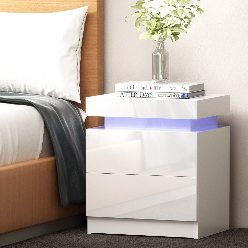 Levis LED High Gloss Bedside Tables Side Table RGB LED High Gloss Nightstand - White