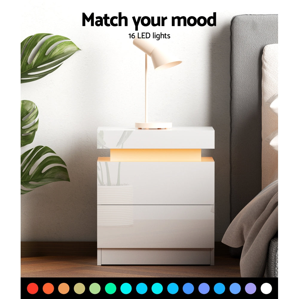 Levis LED High Gloss Bedside Tables Side Table RGB LED High Gloss Nightstand - White