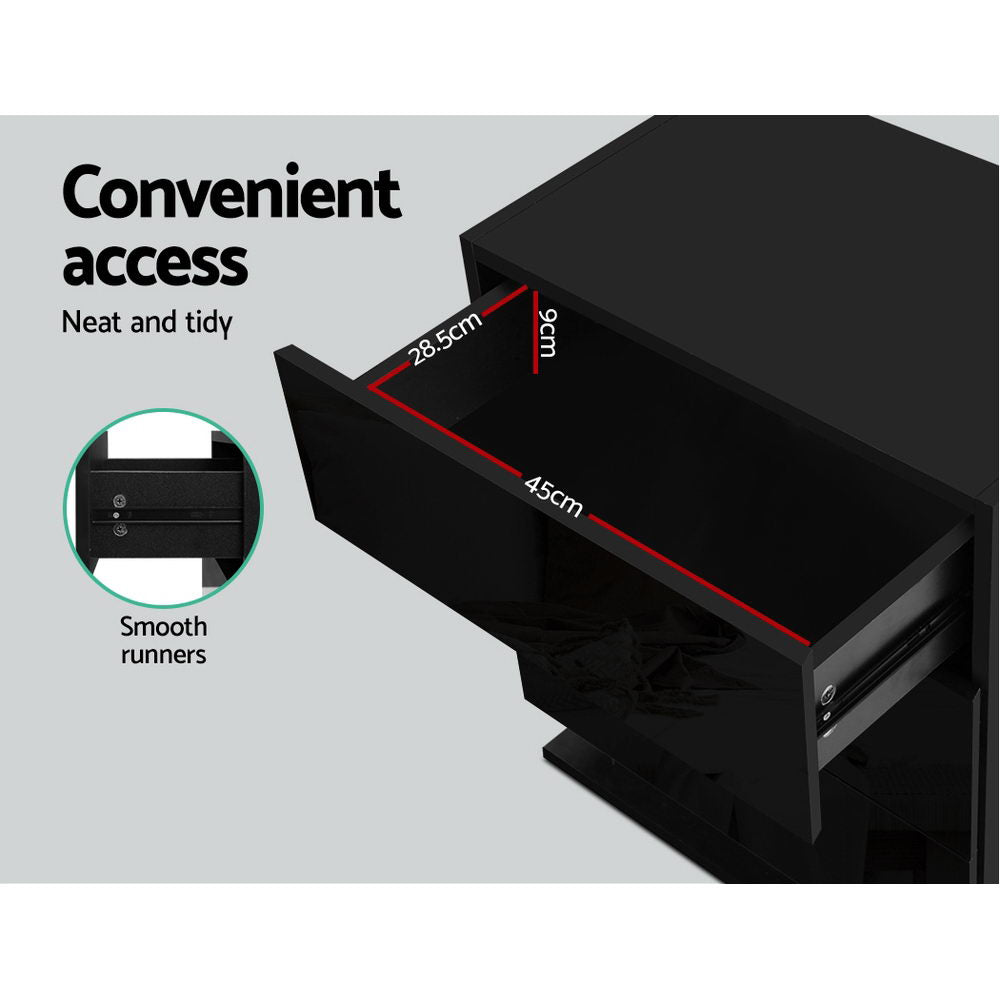 Lachine LED High Gloss Bedside Tables Side Table RGB LED Lamp Nightstand Gloss with 3 Drawers - Black