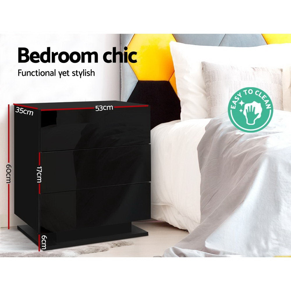Set of 2 Lachine Bedside Tables LED with 3 Drawers - Black