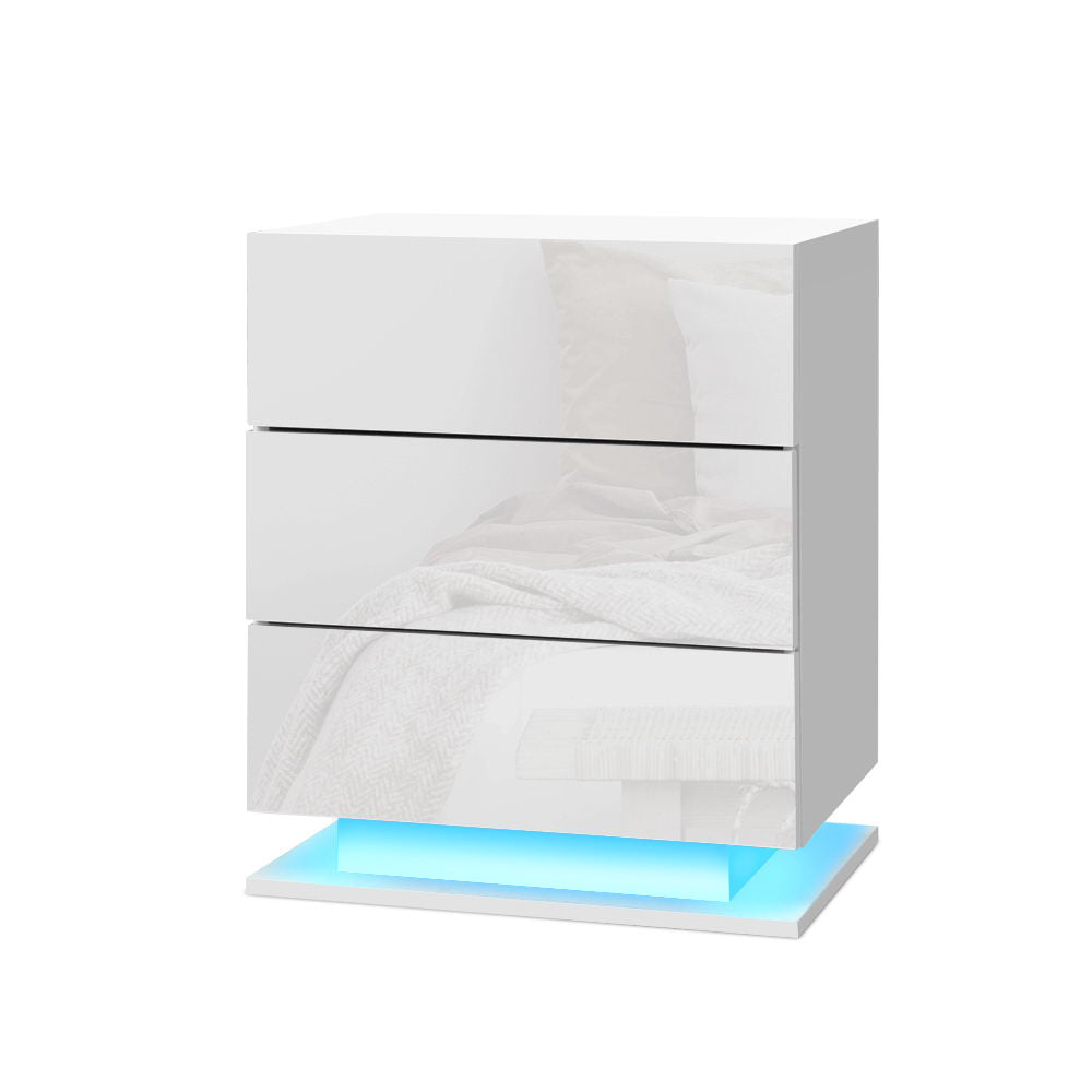 Lachine LED High Gloss Bedside Tables Side Table RGB LED Lamp Nightstand Gloss with 3 Drawers - White