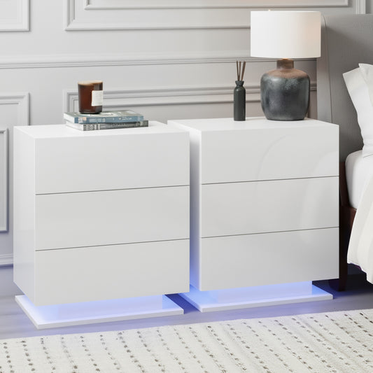 Set of 2 Lachine Bedside Tables LED with 3 Drawers - White