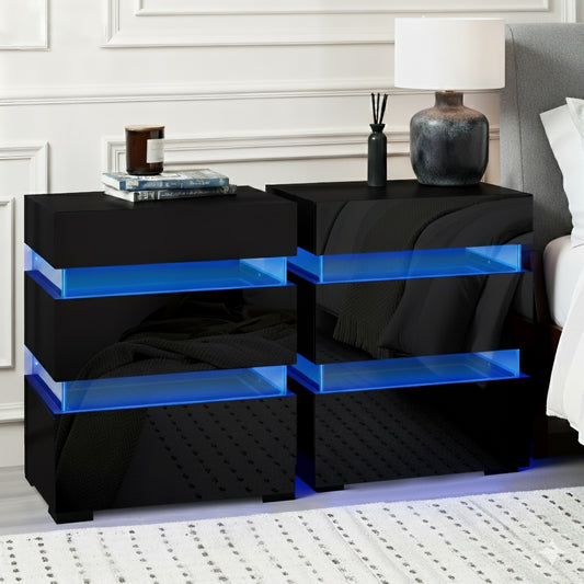 Set of 2 Perce Bedside Tables LED with 3 Drawers - Black