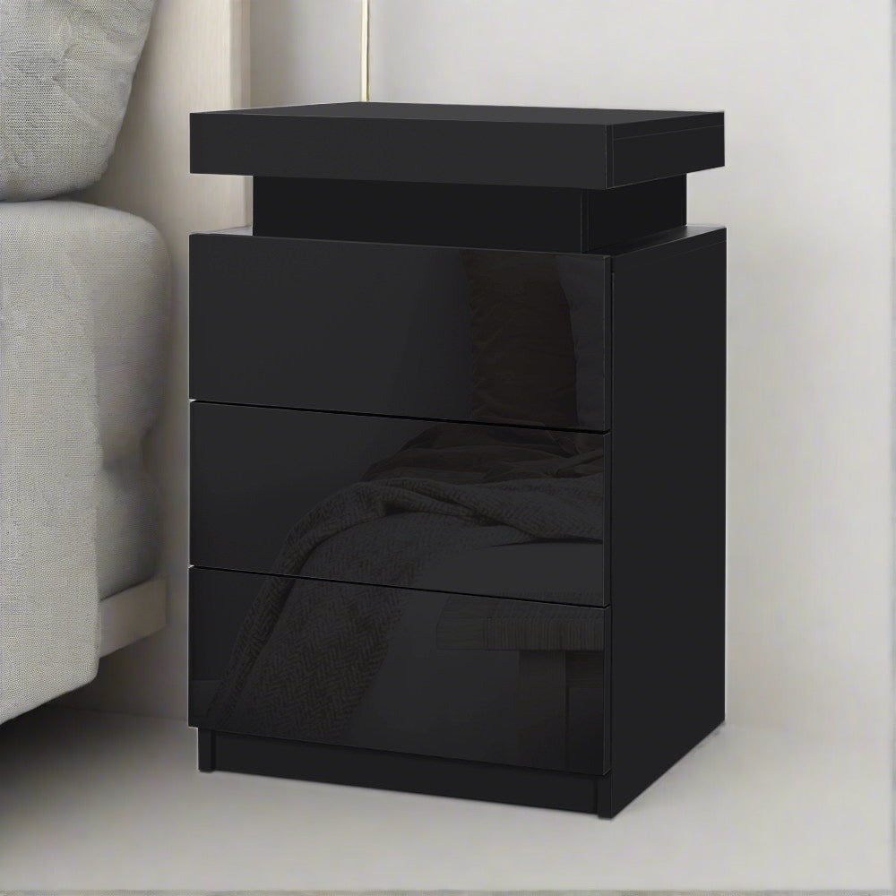 Rimouski LED High Gloss Bedside Tables Side Table RGB LED High Gloss Nightstand with 3 Drawers - Black