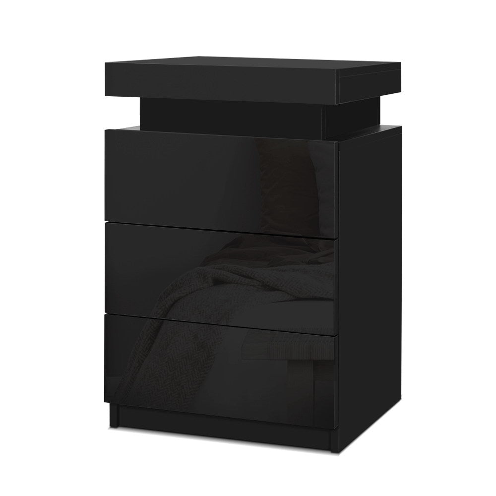 Rimouski LED High Gloss Bedside Tables Side Table RGB LED High Gloss Nightstand with 3 Drawers - Black