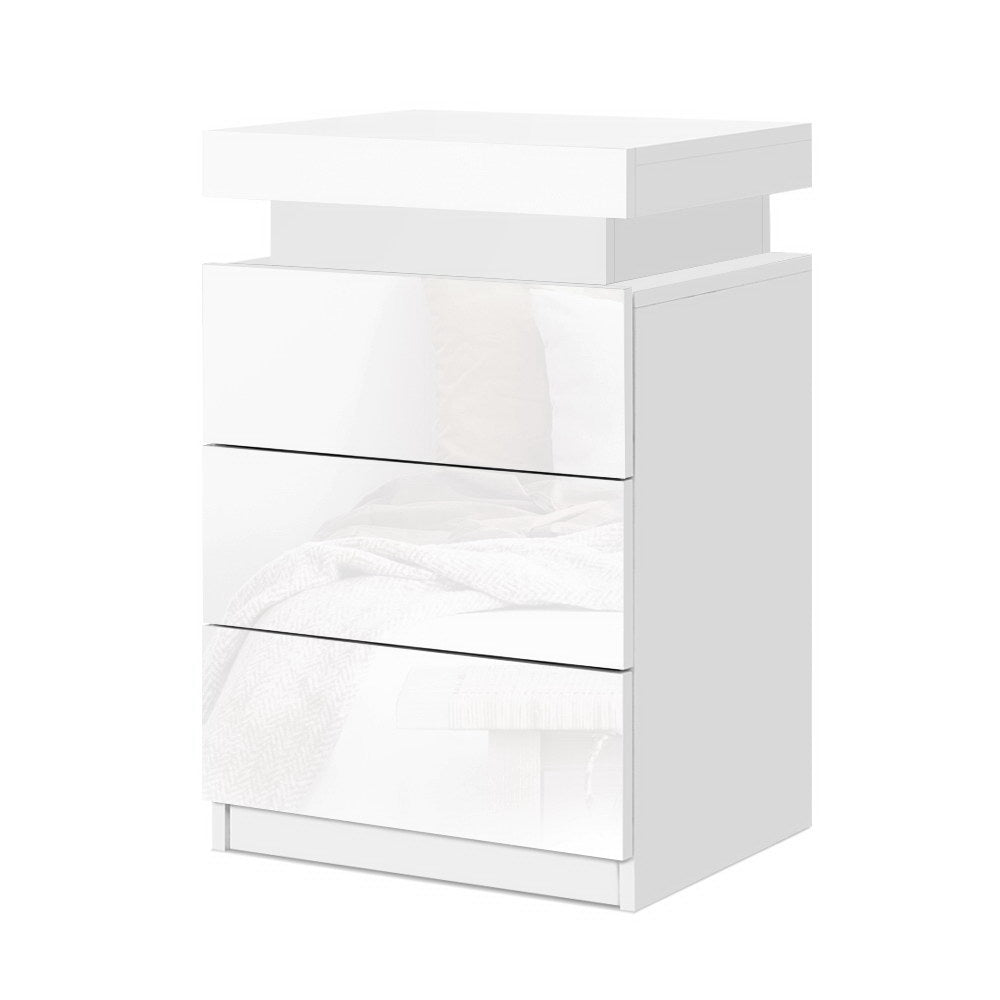 Rimouski LED High Gloss Bedside Tables Side Table RGB LED High Gloss Nightstand with 3 Drawers - White