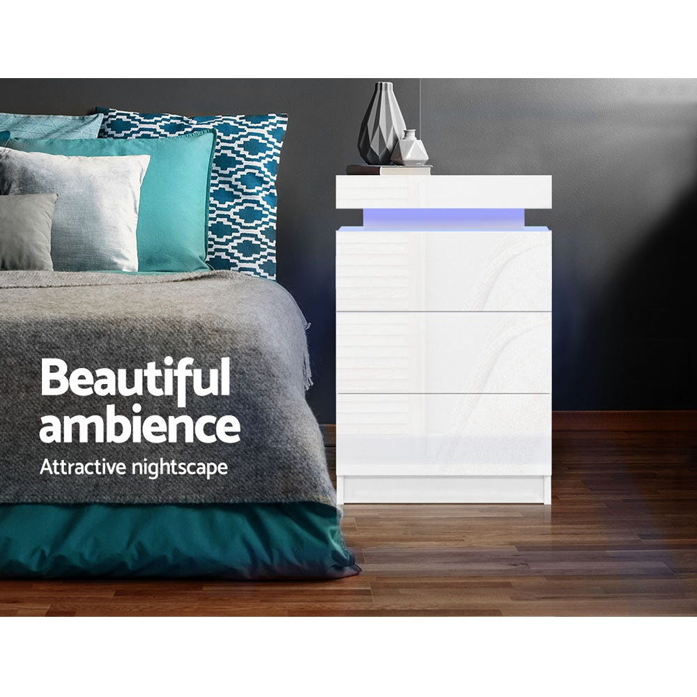 Set of 2 Rimouski Bedside Tables LED with 3 Drawers - White