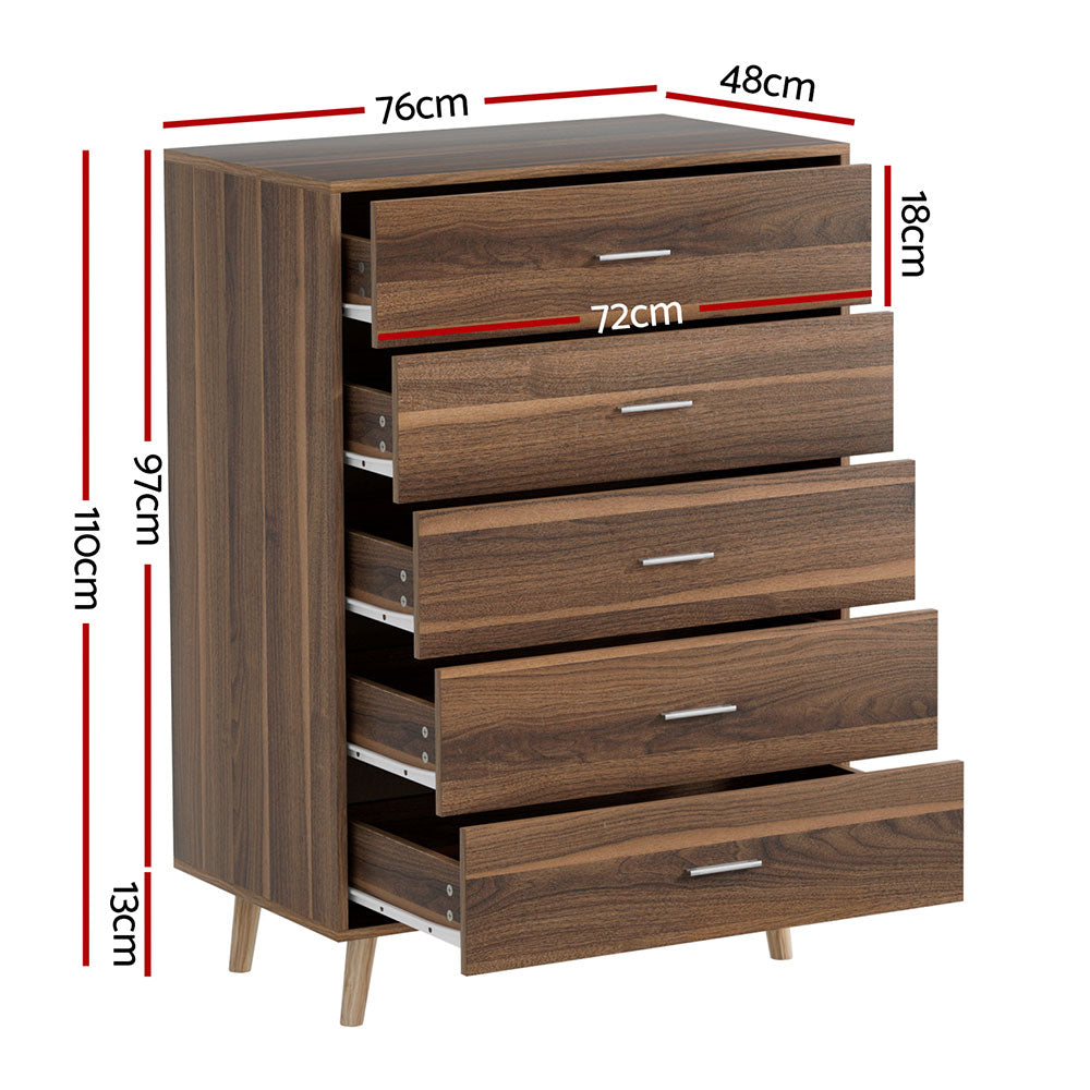 Artiss 5 Chest of Drawers - Walnut