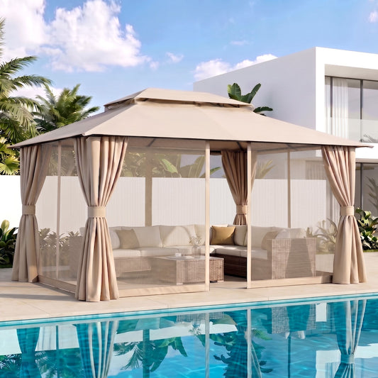 Instahut Gazebo 3x4m Canopy Outdoor Steel Frame Patio Tent Curtains Marquee Beige