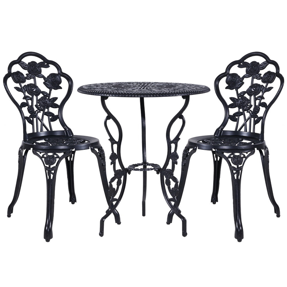 Caspian 2-Seater Cast Aluminium Table Chair Patio 3-Piece Outdoor Setting - Black