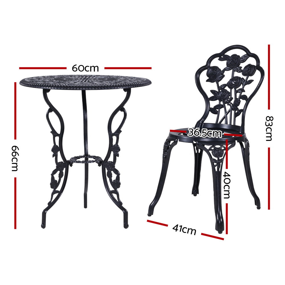 Caspian 2-Seater Cast Aluminium Table Chair Patio 3-Piece Outdoor Setting - Black