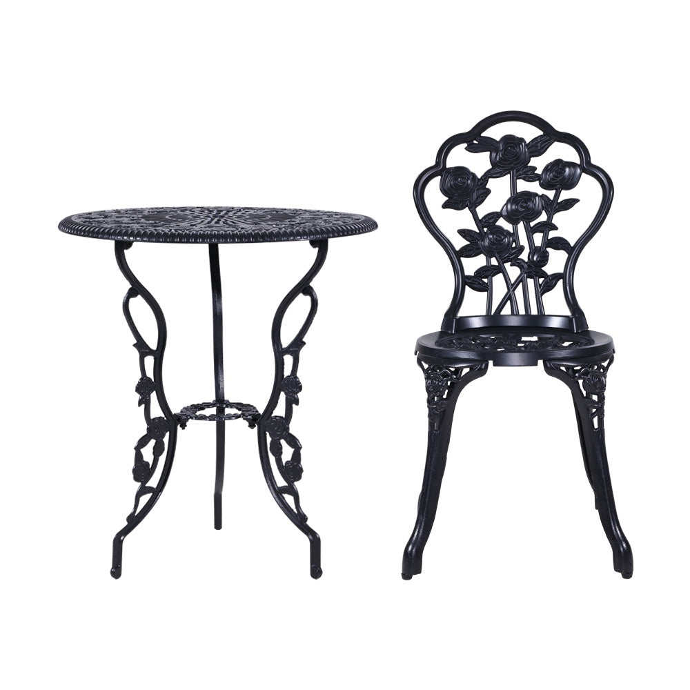 Caspian 2-Seater Cast Aluminium Table Chair Patio 3-Piece Outdoor Setting - Black