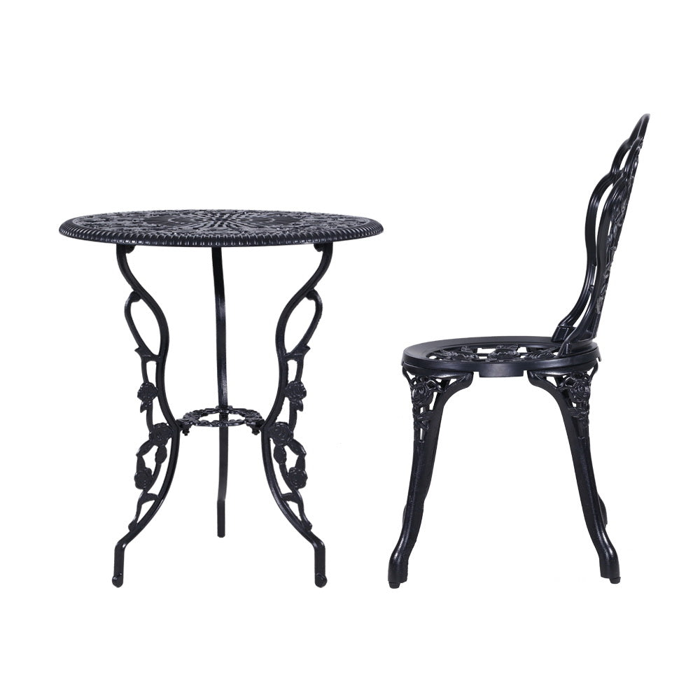 Caspian 2-Seater Cast Aluminium Table Chair Patio 3-Piece Outdoor Setting - Black