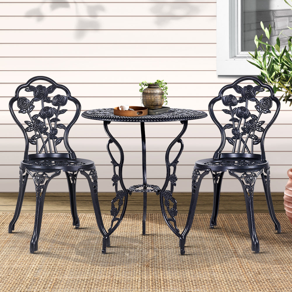 Caspian 2-Seater Cast Aluminium Table Chair Patio 3-Piece Outdoor Setting - Black