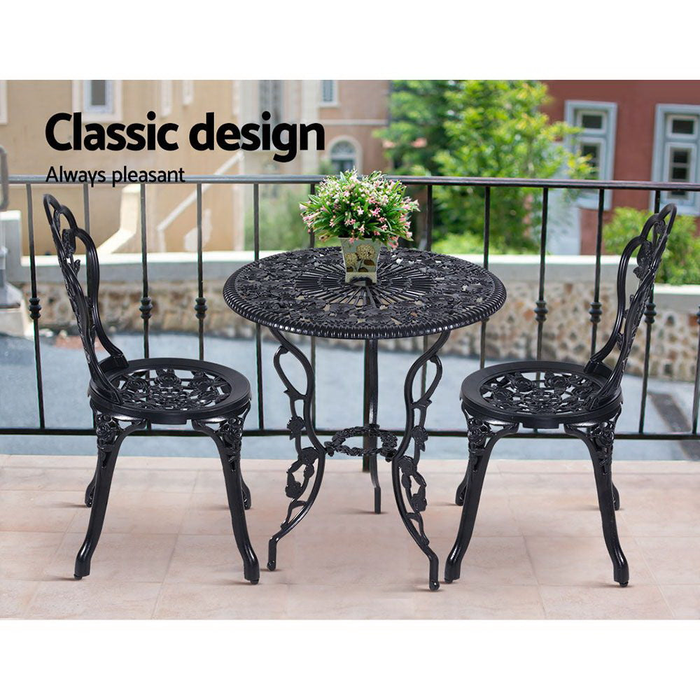 Caspian 2-Seater Cast Aluminium Table Chair Patio 3-Piece Outdoor Setting - Black