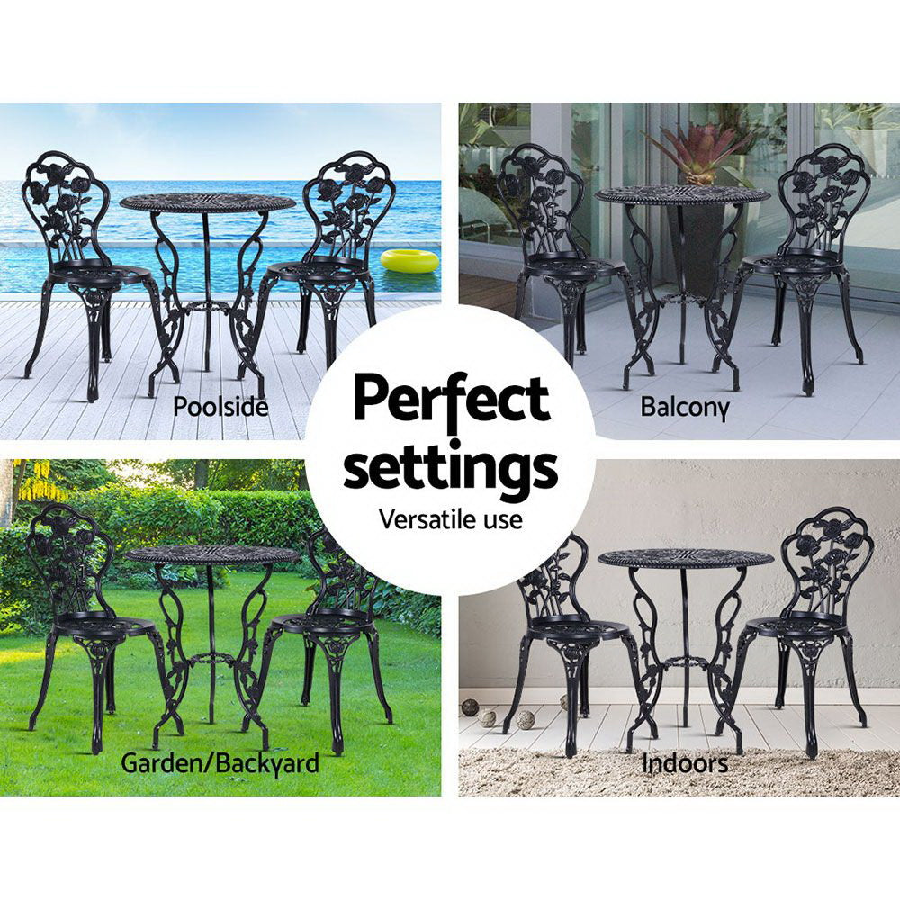 Caspian 2-Seater Cast Aluminium Table Chair Patio 3-Piece Outdoor Setting - Black