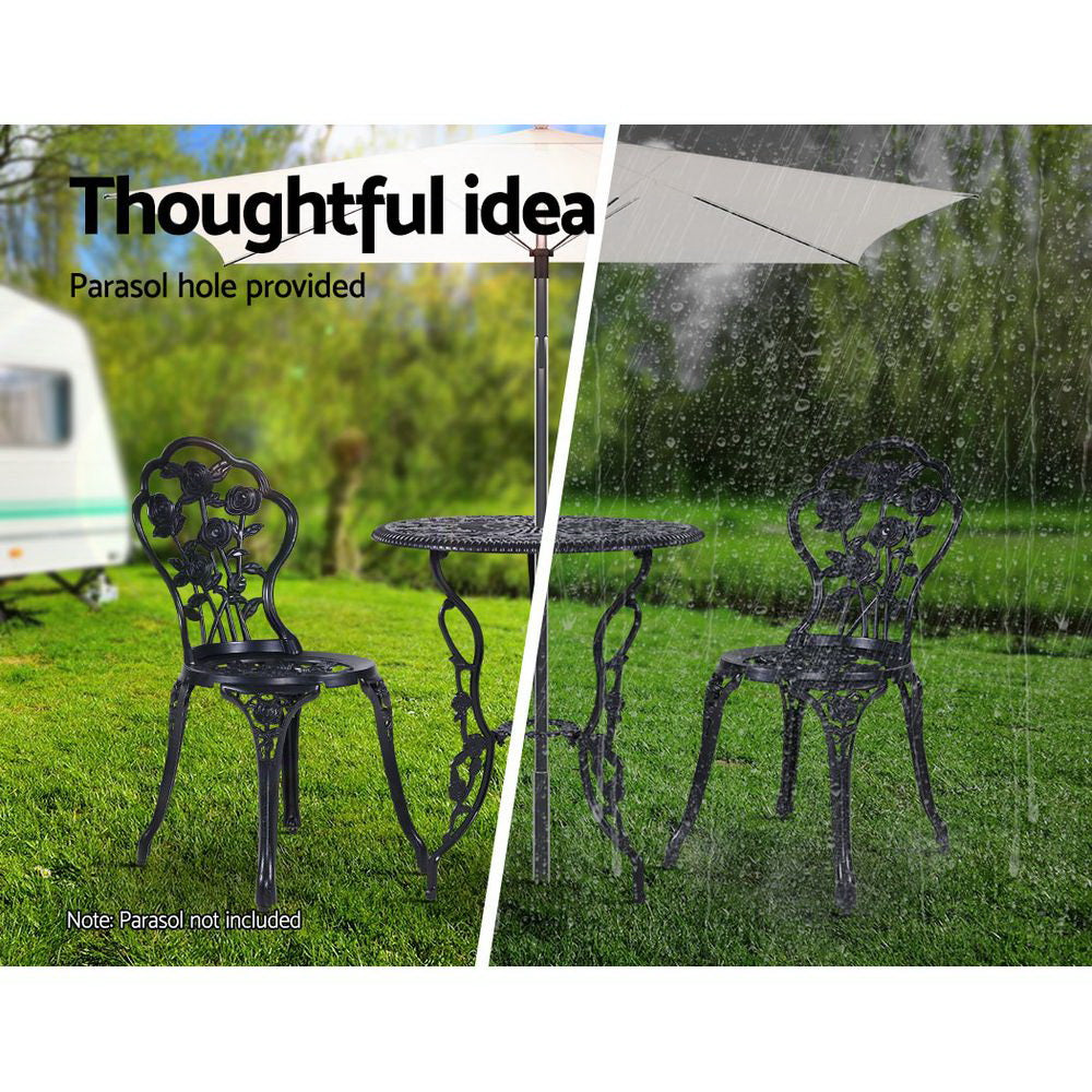 Caspian 2-Seater Cast Aluminium Table Chair Patio 3-Piece Outdoor Setting - Black