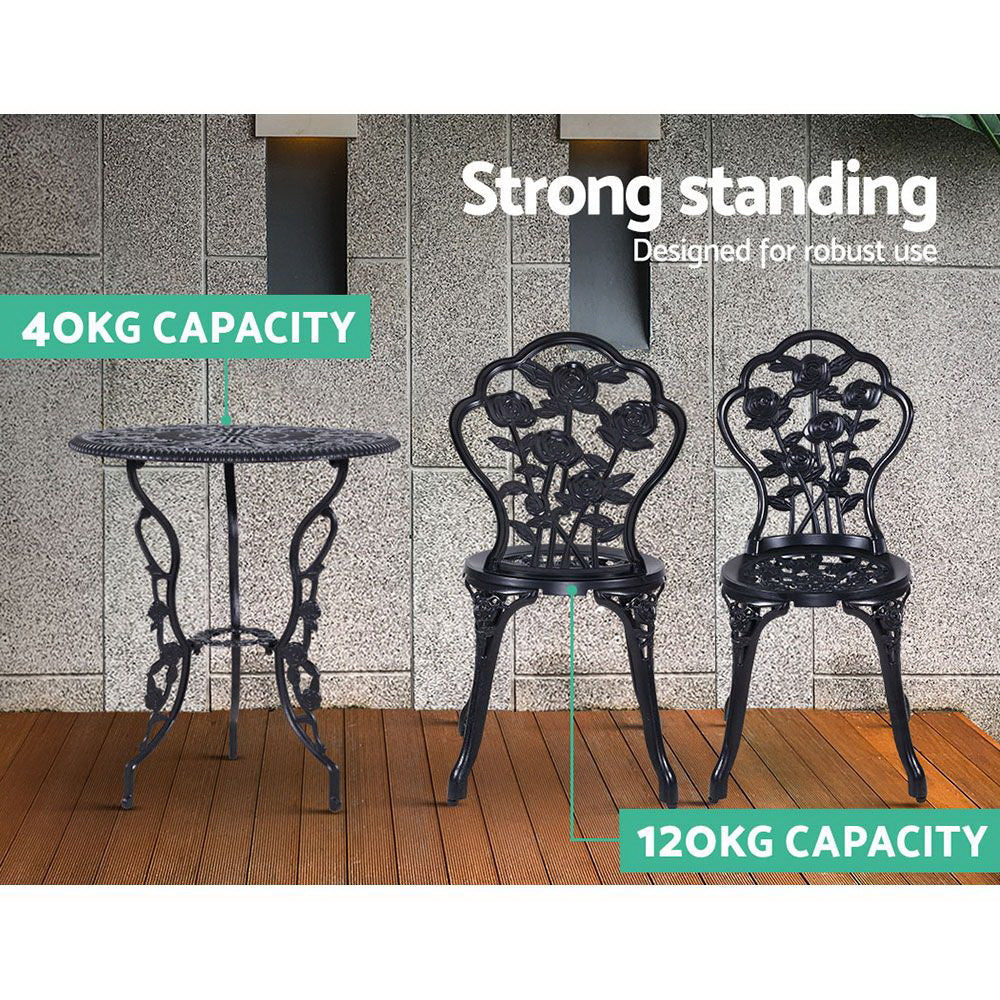 Caspian 2-Seater Cast Aluminium Table Chair Patio 3-Piece Outdoor Setting - Black