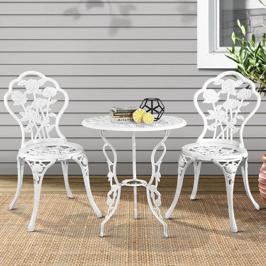 Caspian 2-Seater Chairs Table Aluminium Bistro 3-Piece Outdoor Furniture - White