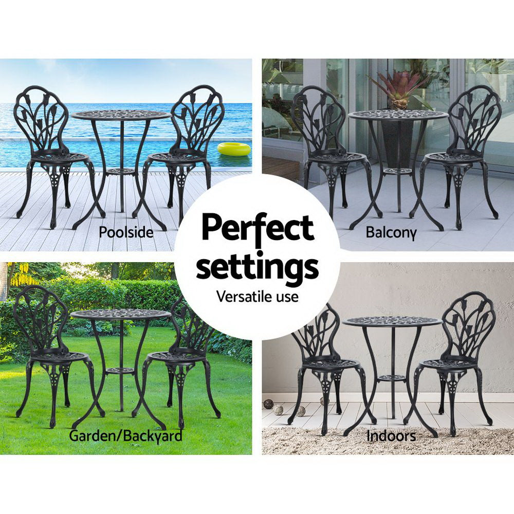 Ciaran 2-Seater Cast Aluminium Table Chair Patio 3-Piece Outdoor Setting - Black