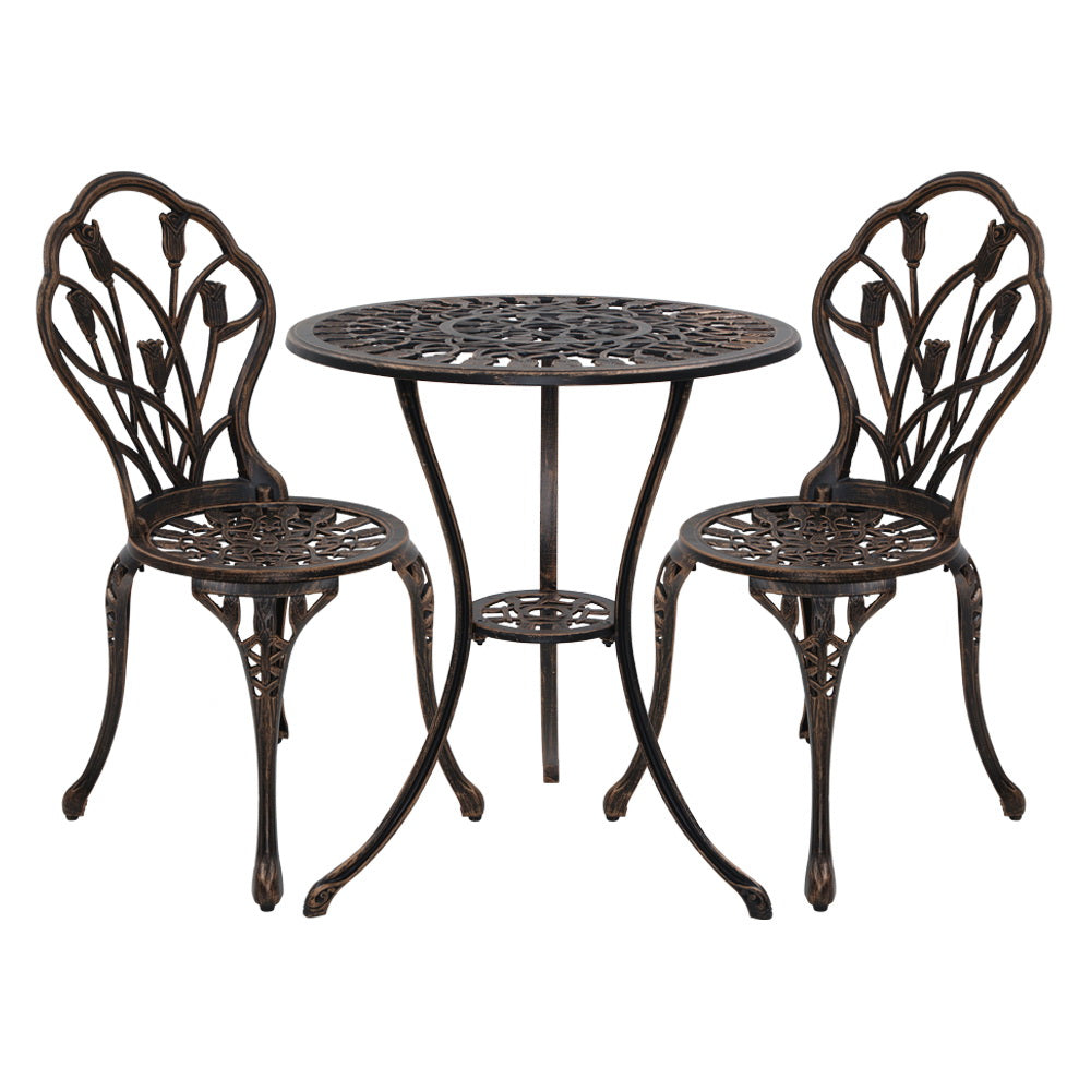 Ciaran 2-Seater Cast Aluminium Table Chair Patio 3-Piece Outdoor Setting - Bronze