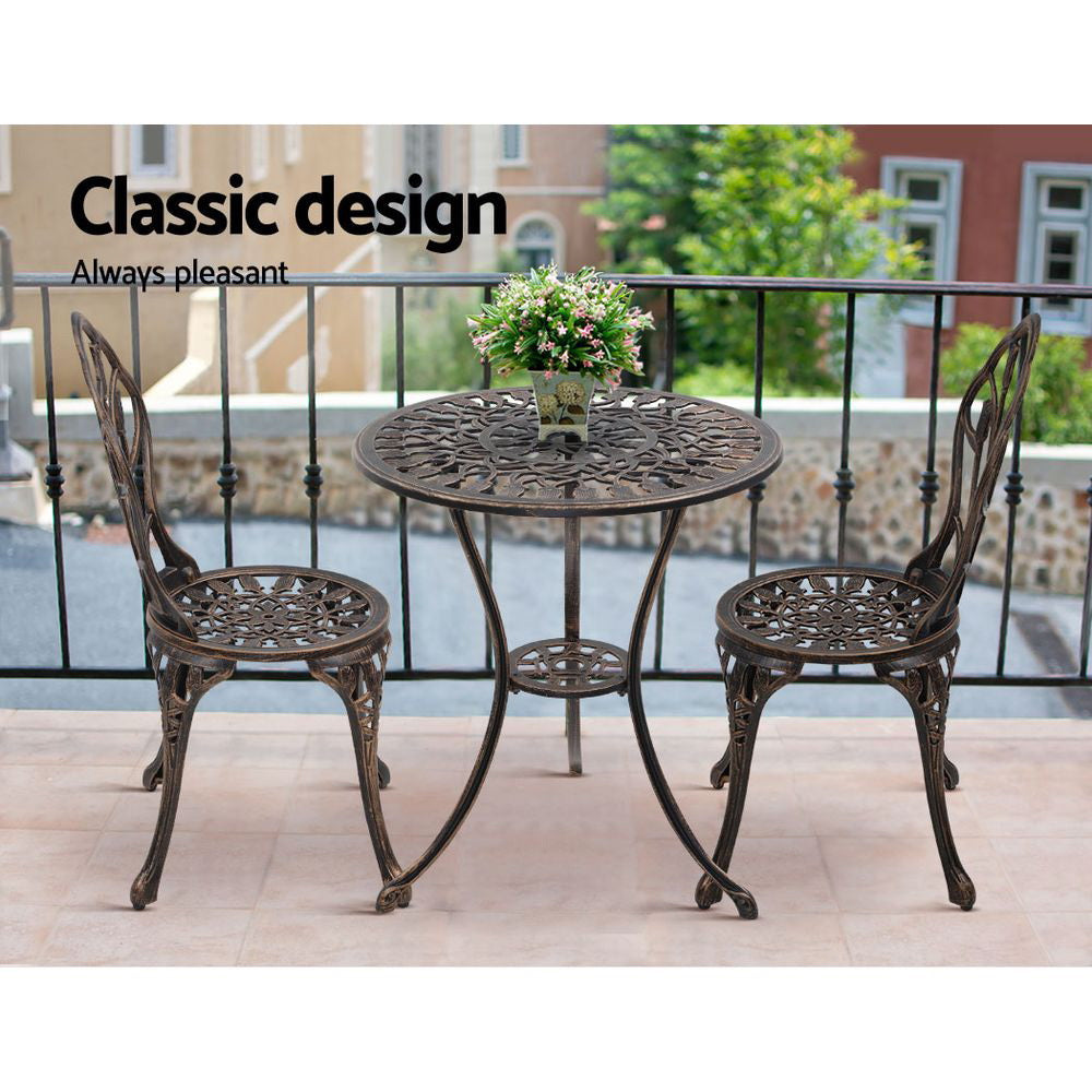 Ciaran 2-Seater Cast Aluminium Table Chair Patio 3-Piece Outdoor Setting - Bronze